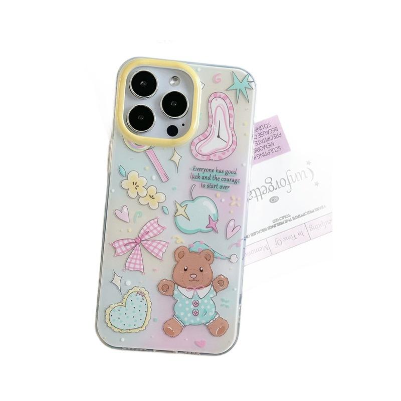 New Color blocked Bear Bow Suitable for Apple 16 Mobile Phone Case Small Fresh 15PROMAX Protective Case Korean 14
