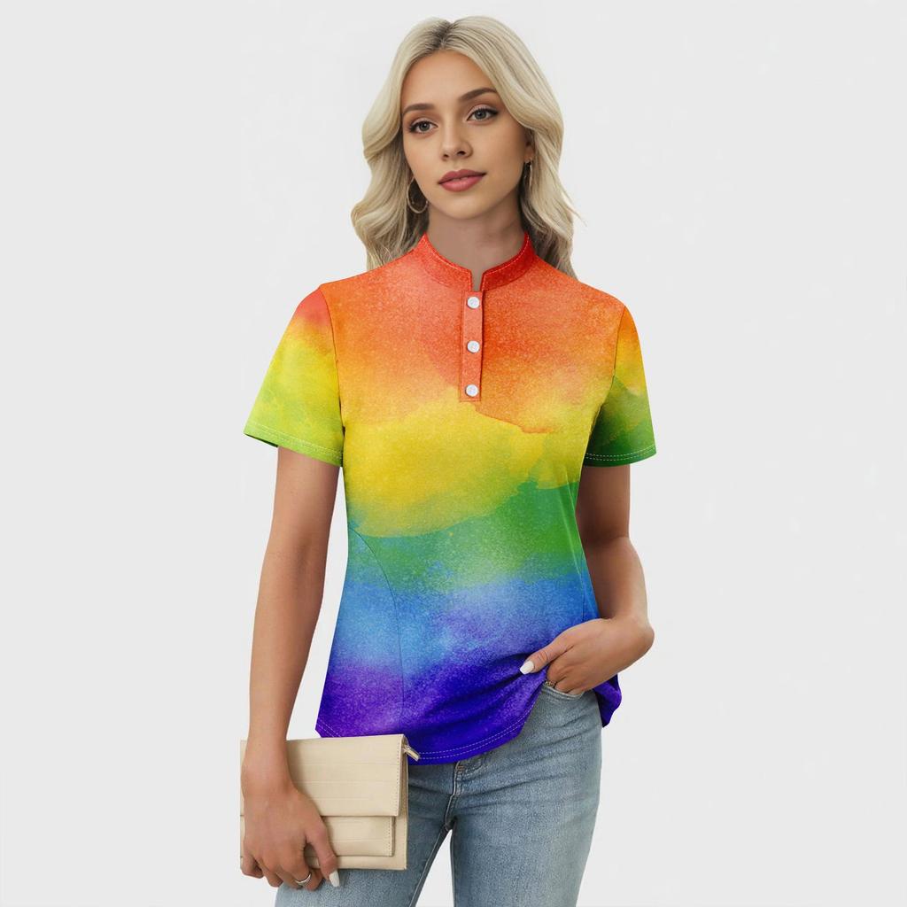 Women's Casual Floral Print V-Neck Short Sleeve Decorative Button T-Shirt Top