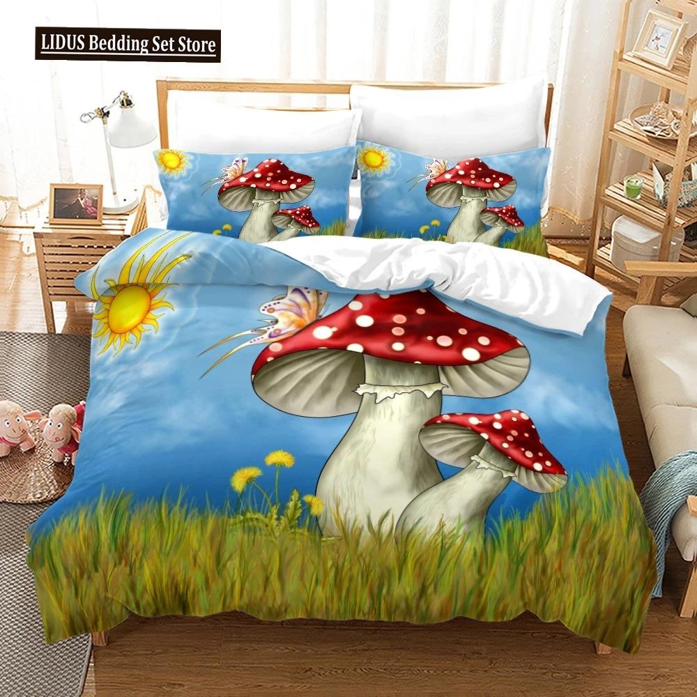 Mushrom Soft Duvet Cover Set King Quen Sized Dimensions Star Purple Blue Tripy Mushrom Patern Carton Polyester Beding Set For Kid Boy Girl