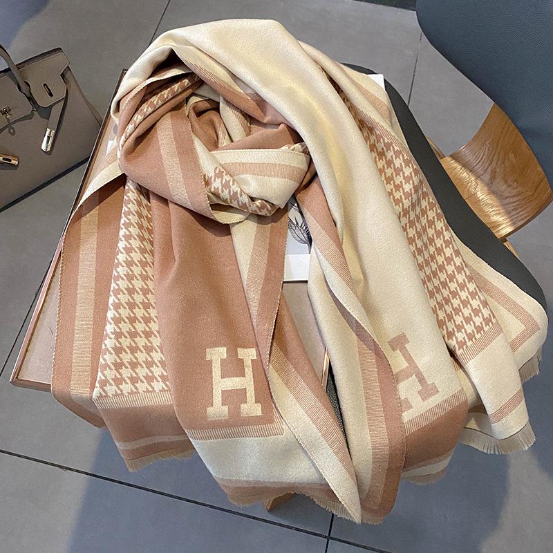 Korean-Style Houndstooth Faux Cashmere Scarf Shawl for Women - Thickened Double-Sided Winter Neck Warmer