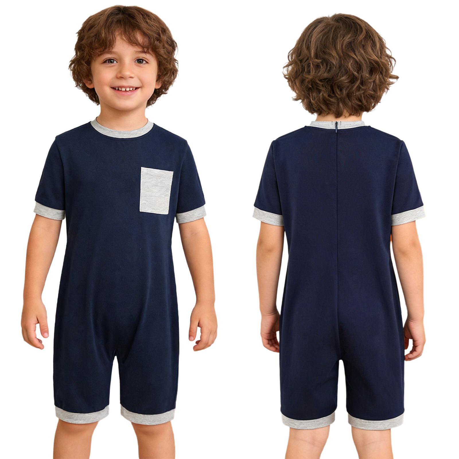 

Unisex Kids Special Needs Adaptive Romper Anti-Strip Back Invisible Zipper Round Neck Short Sleeve Contrast Color Thigh Length Jumpsuit with Pocket 11-12 Years темно-синий