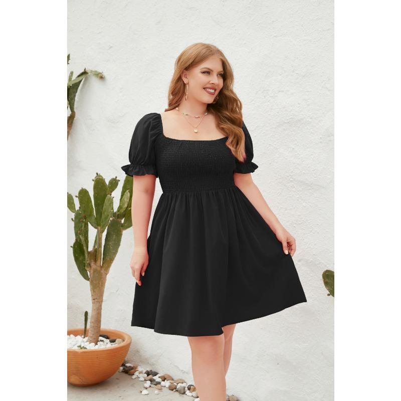 Plus Size Women's Plus Size Solid Color Casual Vacation Travel Square Neck Bubble Sleeve Dresses