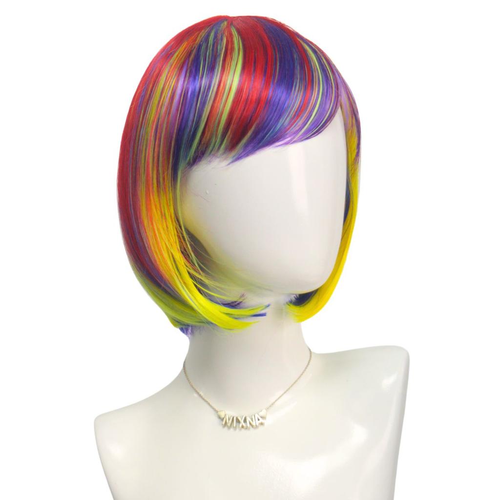 Rainbow Colorful Synthetic Party Wig Short Straight Anime Bob Hair for Women Cosplay Costume Female Party Accessory