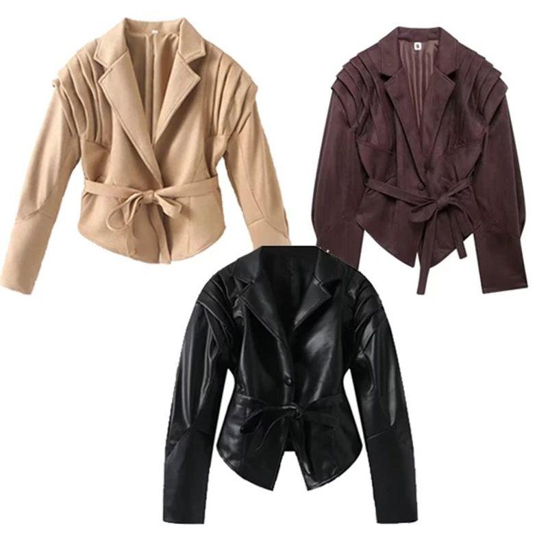 Za Export New Arrival Women's Clothing ZR Fashion Style French Fashion Minimalist Versatile Belt Lapel Short Outwear
