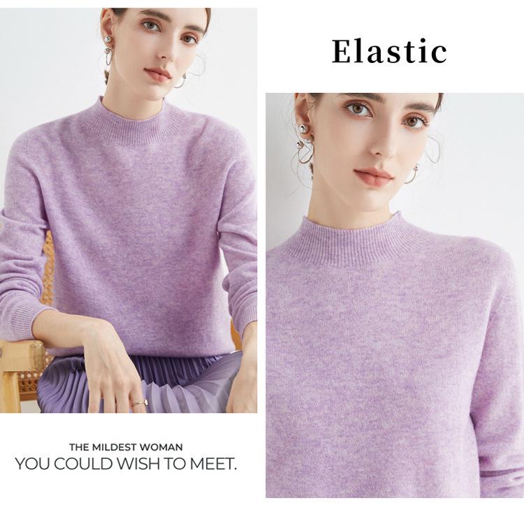 Women's Slim-Fit Autumn Sweater: Fashionable Half-High Neck, Versatile Pure Wool for Base Layer or Outerwear, Skin-Friendly