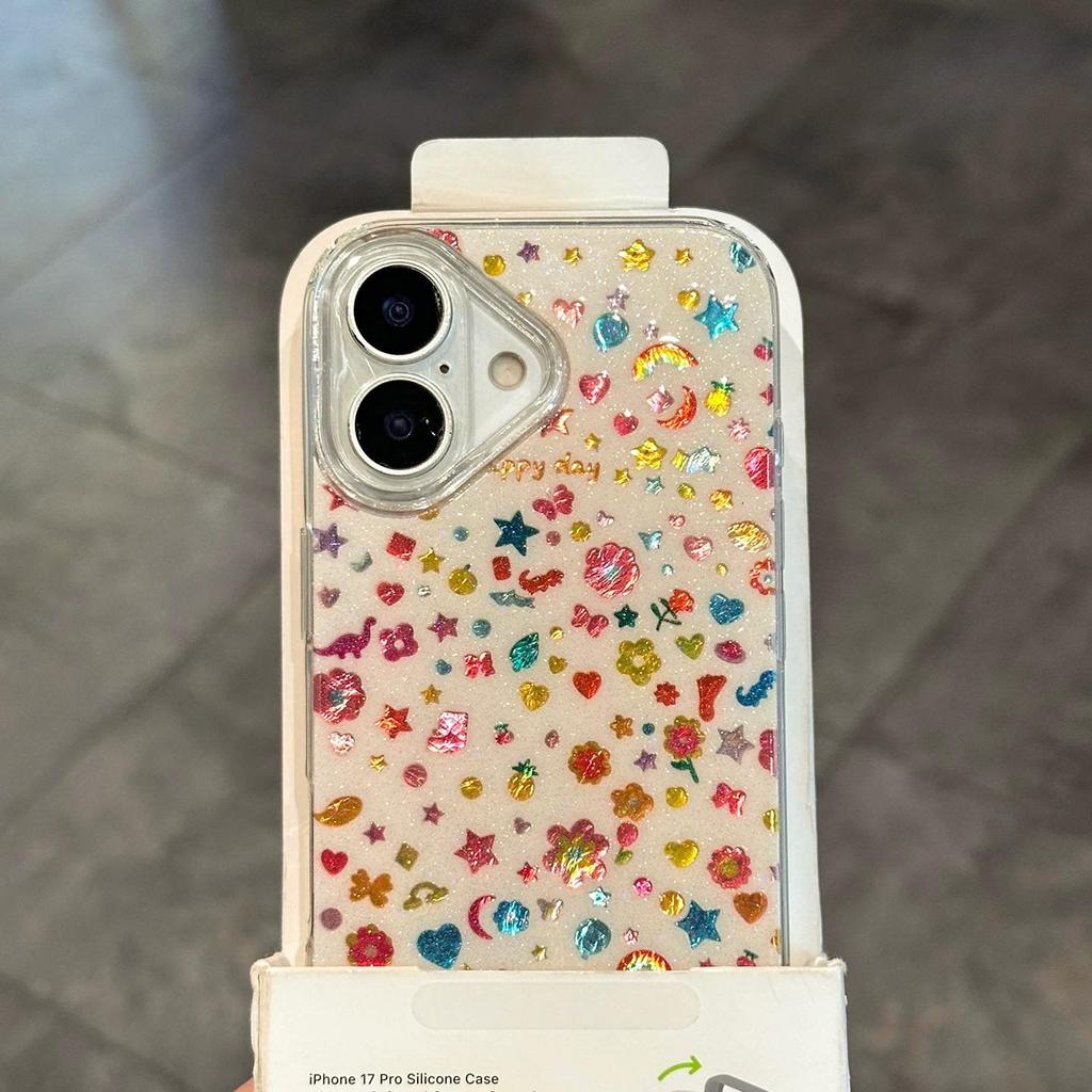 3D Transparent Glitter Embossed iPhone 17 Pro Max Spring Cover with Large Camera Slot