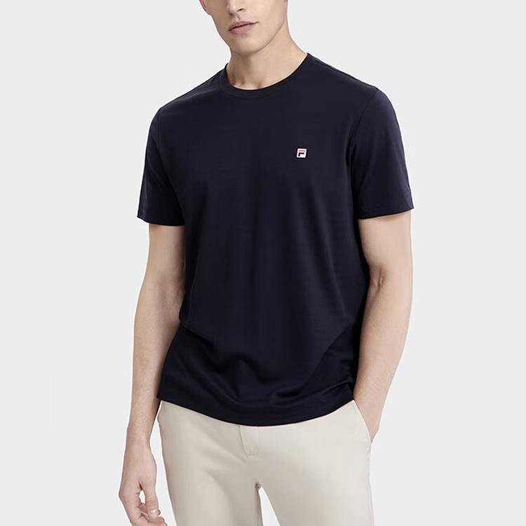 FILA Solid Color Simple Round Neck Pullover Business Casual Short Sleeve T-Shirt Men Tops Legendary-Blue F11M321109FNV