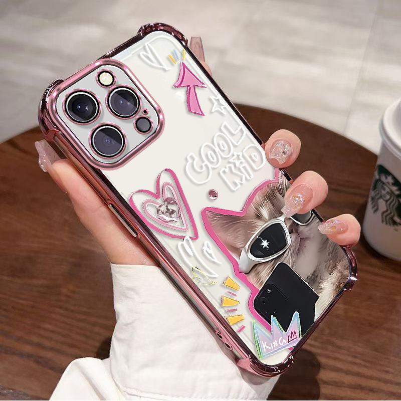 Selfie Sunglasses Cat Suitable for Iphone16 Four-corner Airbag 17promax Anti-drop Plating Apple 15 Mobile Phone Case