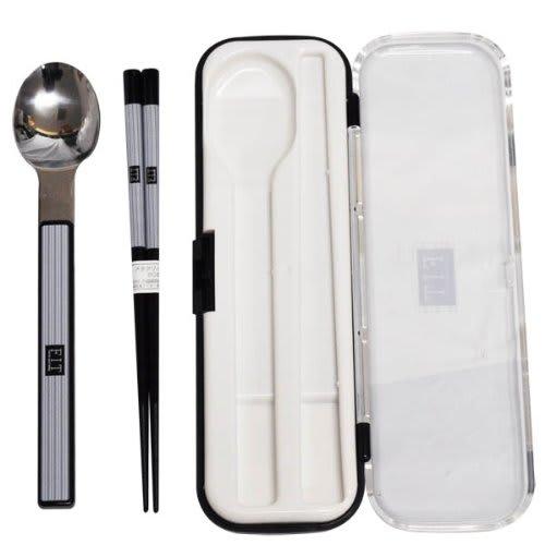 Komori Resin Cutlery Twin Fit Chopsticks and Spoon Set, Black, 18cm, Portable and Made in Japan