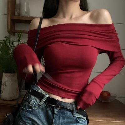 Vintage Red Pullovers Women Slash Neck Slim Long Sleeve Short Basic Sexy Pleated New Hot Chic Ulzzang Streetwear All-match