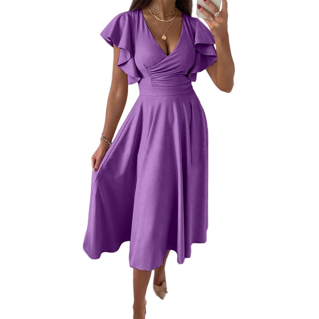 Fashion Ladies Ruffle Skirt Spring And Summer Low V-neck Waist Slim Sexy Dress