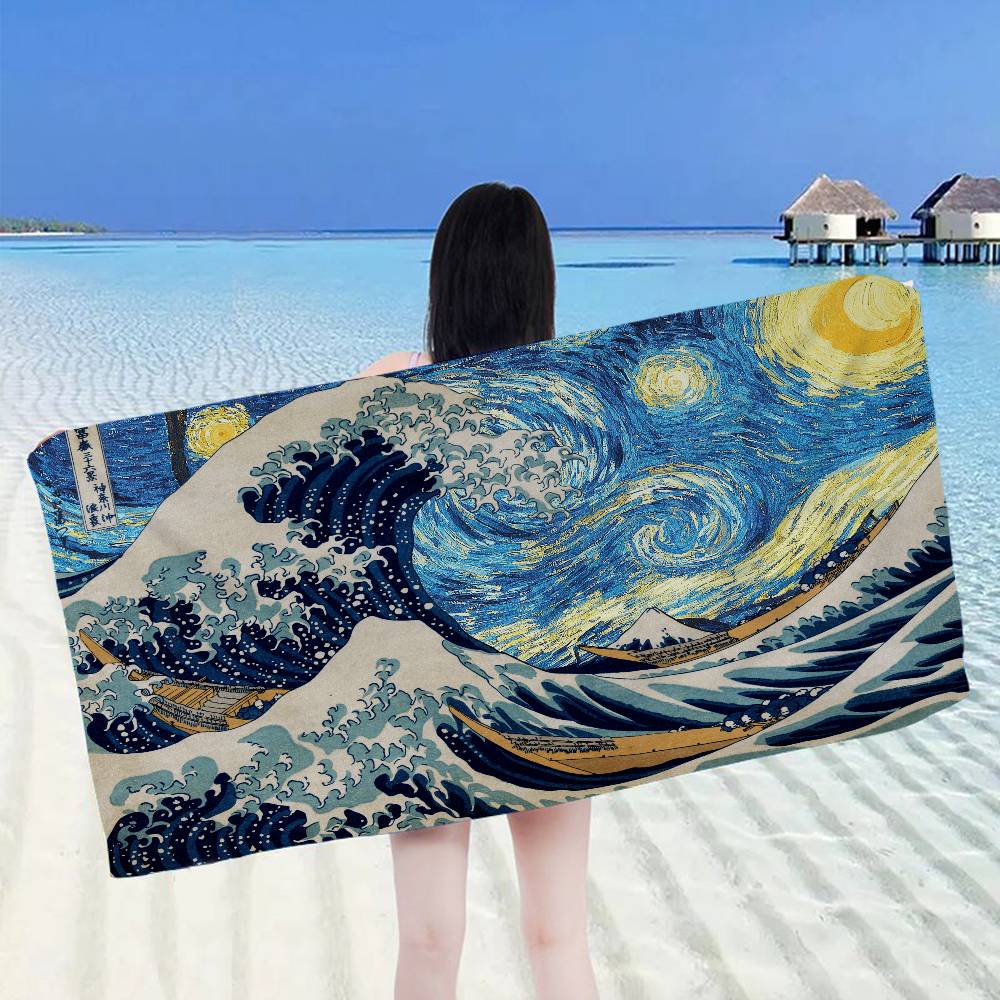 Japanese Wave Art Bath Towel Microfiber Soft Water Absorbing Breathable For Girl Kids Decorative Cartoon Beach Towel
