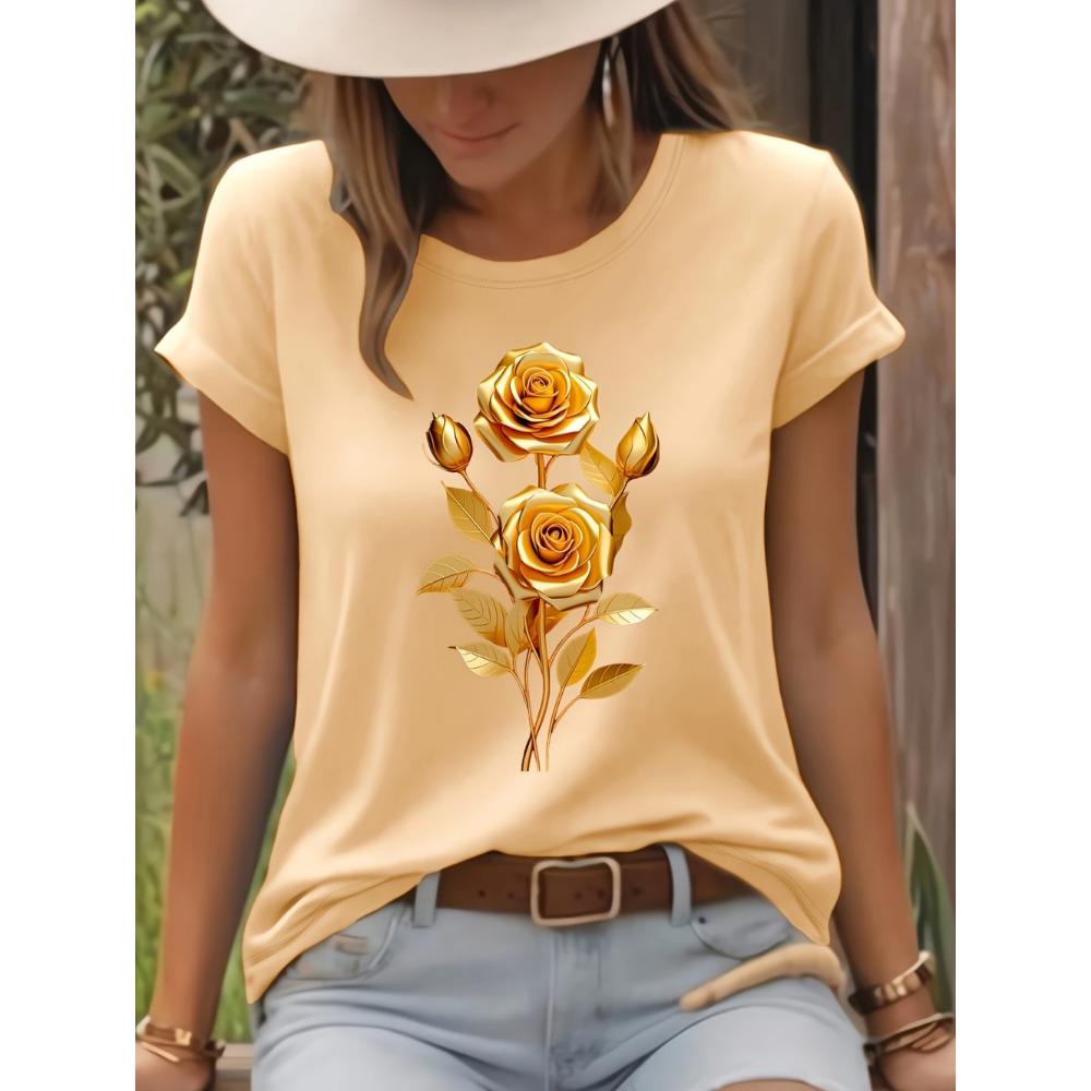 Fashion Women Rose Printed T-Shirt O-Neck Short Sleeve T-Shirt Simple Design Versatile Daily Wear Elegant Style Women Clothing