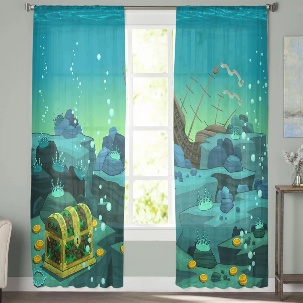 Skrzynia skarbów morski statek piracki tiulowe zasłony balkon pokój moda z nadrukiem przezroczysta zasłona okno salonu nowoczesny wystrój