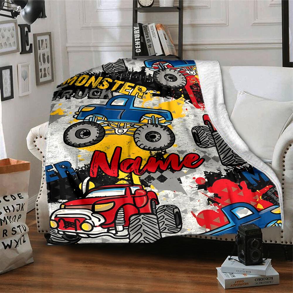 Custom Name Truck Theme Printed Blanket - Perfect for Couch, Bed, Travel & Outdoor Use | Machine Washable, Cozy & Durable.