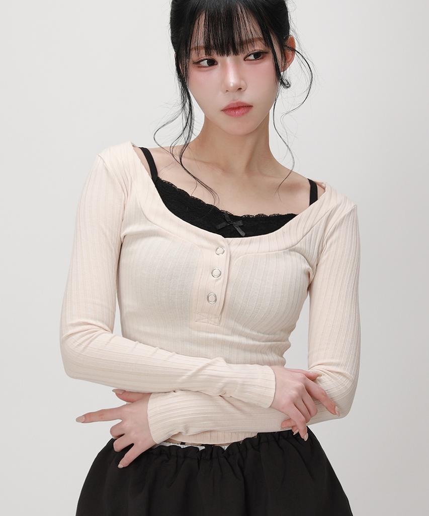 LIKE THE MOST Rib Henley Neck Slim Long Sleeve Top_Light Beige