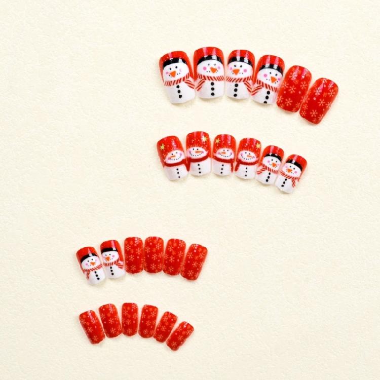 Medium Square False Nail Christmas Acrylic Nail Snowman Full Cover Stick On Nail White Snowflake Press On Nail