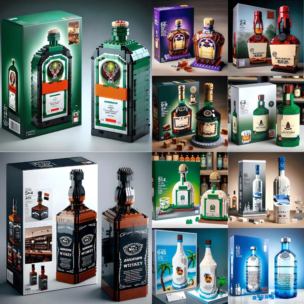 Kreativní stavebnice láhve na whisky bez krabice, 3D puzzle DIY modely pro dospělé, dekorace do domácího baru, k dispozici 10 stylů