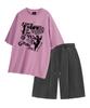 MOZMOZ [Set] Dancing Cat Pigment Short Sleeve + Pigment Wide Single-Pleat Shorts Set-Up