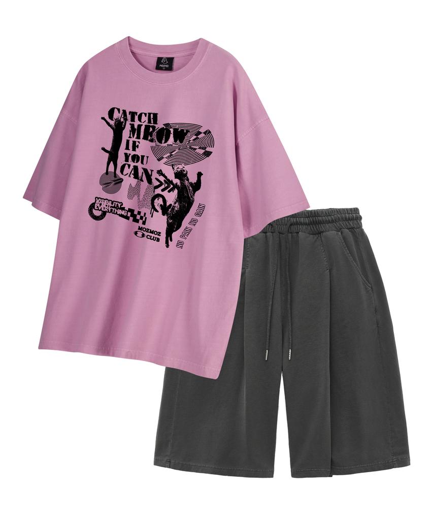 MOZMOZ [Set] Dancing Cat Pigment Short Sleeve + Pigment Wide Single-Pleat Shorts Set-Up