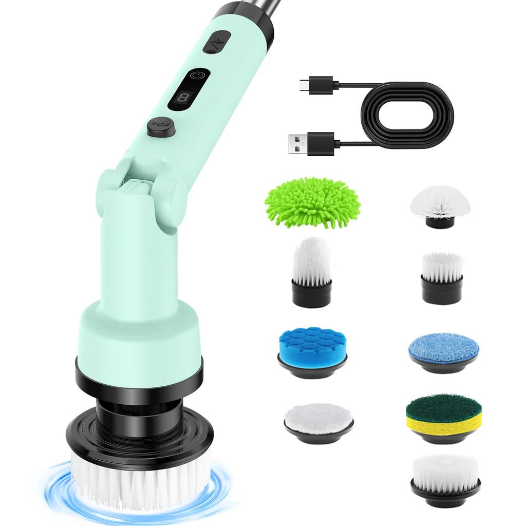 Electric Spin Scrubber Cordless Cleaning Brush with 9 Replaceable Brush Heads Adjustable Handle for Bathroom Floor Tile Kitchen