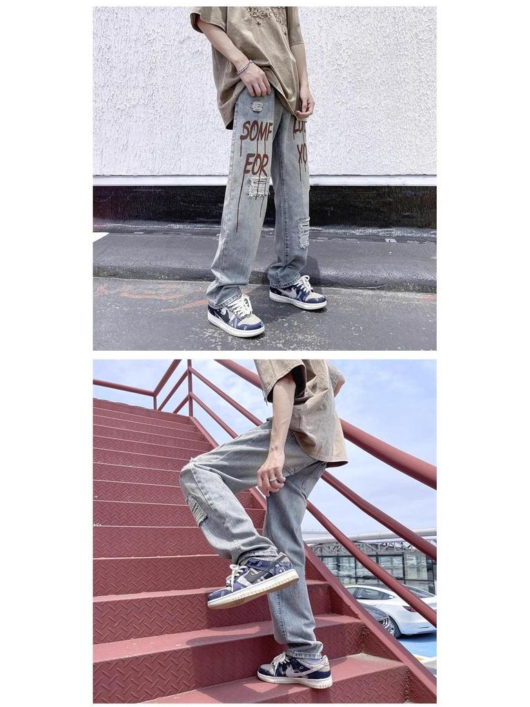 Men's Summer Ripped Ink-Print Harajuku Jeans - Straight Leg Trendy Pants