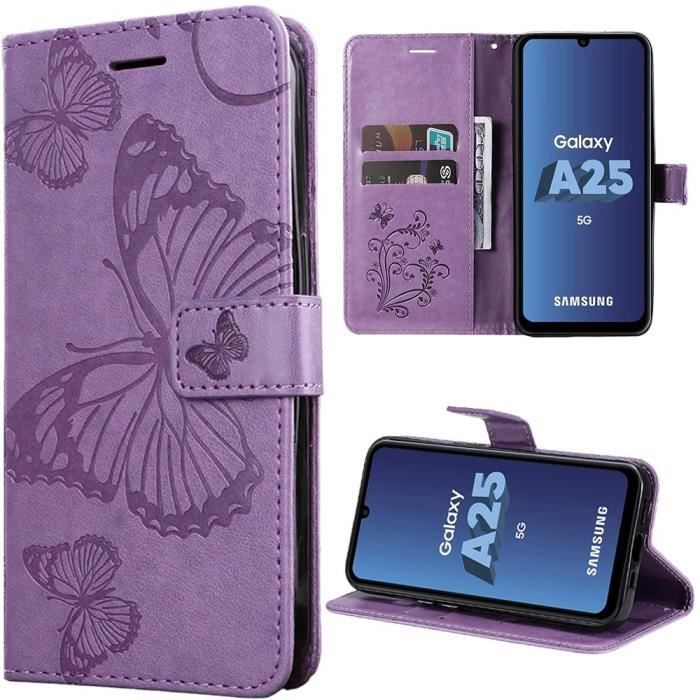 Luxushülle - Booling - für Samsung Galaxy A25 5G - Stoßfest - PU-Leder - Schmetterlingsmuster - Lila