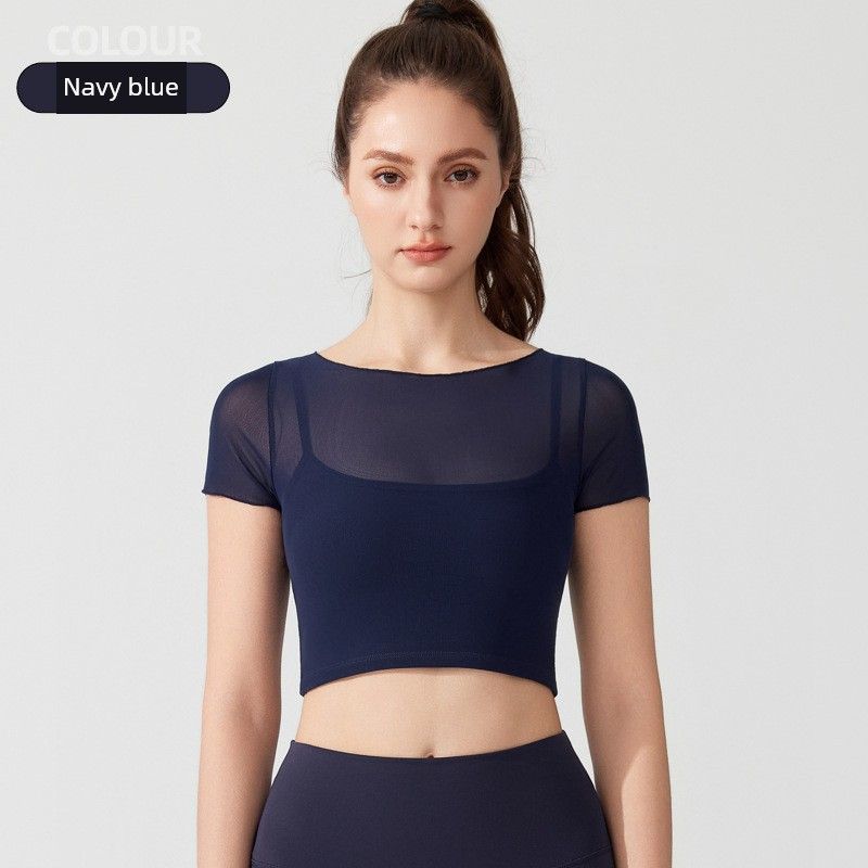 

Foreign Trade Fake Two-Piece Sports Underwear Running Yoga Clothes Short sleeve Pilates One-Piece Cup Workout Clothes Top T-shirt Women Navy blue XL