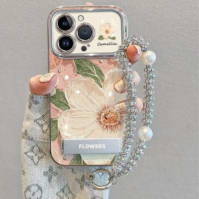 Suitable For 16 Promax Phone Case With Lanyard 15 High-end 14 Niche Oil Painting Camellia