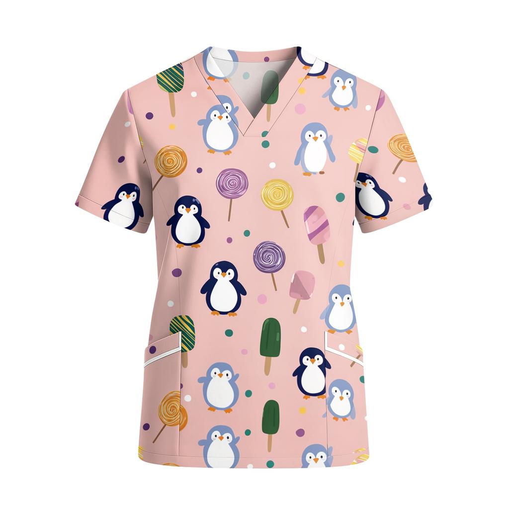 Women's V-Neck Short Sleeve Scrub Top with Pockets, Print Work Shirt, Lightweight Uniform Tunic for