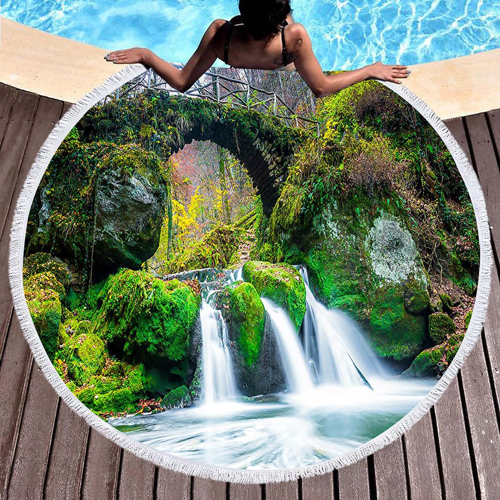 Natural Scenery Waterfall Print Round Beach Towel,Microfiber Comfortable Beach Blanket,Absorbent Quick Dry Pool Towel Picnic Mat
