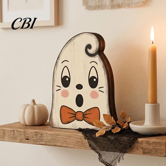 Durable Wooden Party Ornaments Halloween Vintage Ornaments, Cute Bat/Black Cat/Owl/Pumpkin/Ghost/Skull Decorations, Retro Indoor Room Decor Distressed