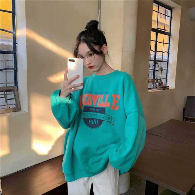 Women Long Sleeve O Neck Loose Pullovers Female Tops Solid Color Sweatshirts