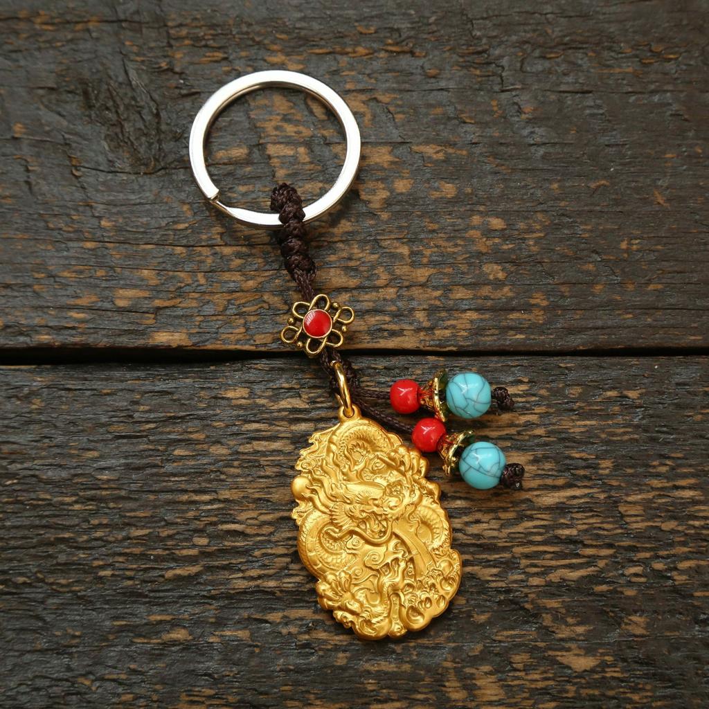 Dragon Brass Double-Sided Double-Dragon Tag Keychain Pendant Men'S And Women'S Bags Car Keys Pendants Accessories