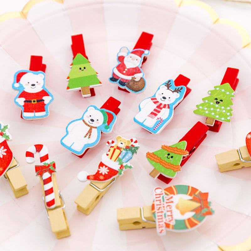 10Pcs/set Christmas Santa Claus Wood Clips Mini Wooden Clothes Photo Paper Pin Clothespin Craft Clip