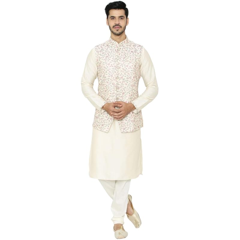 Manyavar Men's Silk Blend Other Kurta Pyjama with Waist Coat (JAST158_Cream_XL)