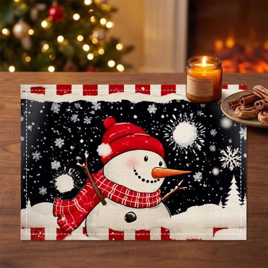Winter Theme Table Settings Christmas Snowman Placemat, Festive Dining 11.8" x 17.7" Washable Reusable Stain Resistant Mats Fabric Place Mat,
