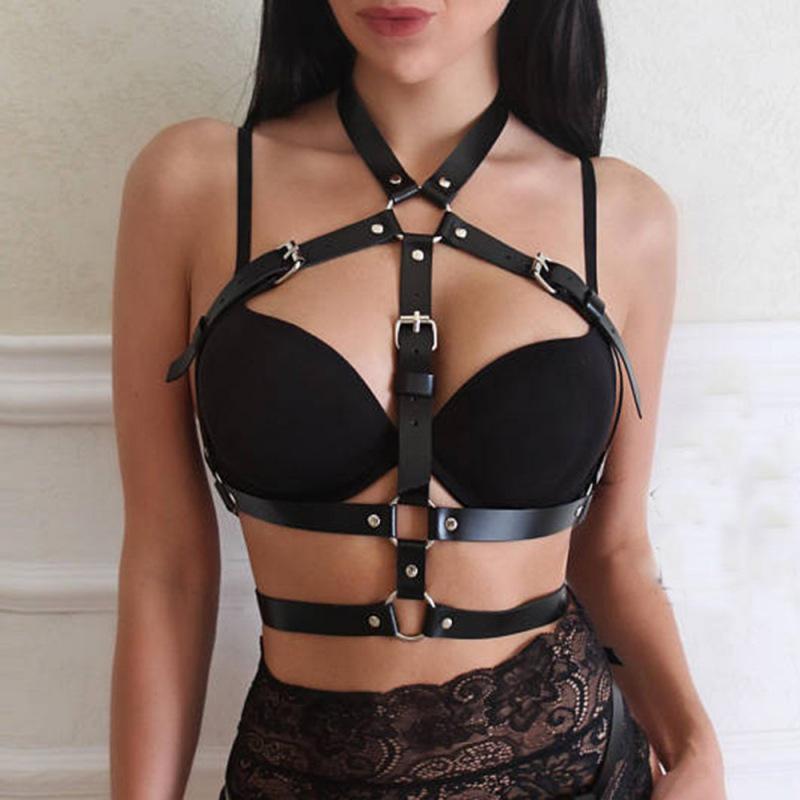 European-American Style Men's Black Choker Belt Body Chain with Chest Strap Harness