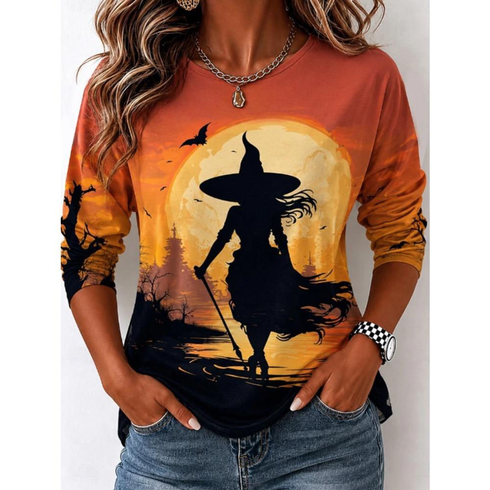 Tops for Women Halloween Print Round Neck Long Sleeve T-shirt Fall Casual Slim Pullover Women's Long Sleeve Top