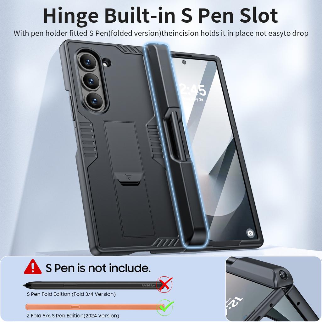 for Samsung Galaxy Z Fold 6 Phone Case With S Pen Holder, Hidden Stand, Screen Protector, Sturdy Shockproof Protective Case-Black