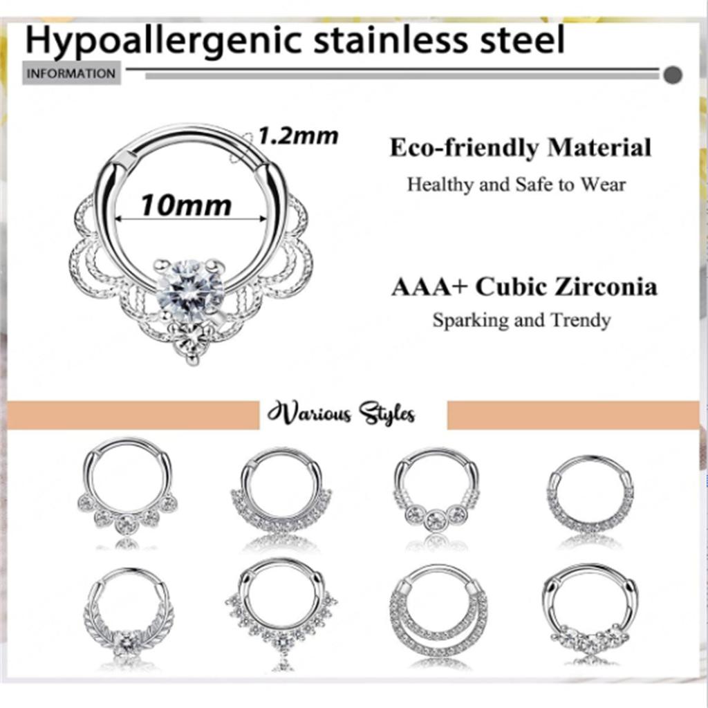 8 Pcs 316L Stainless Steel Septum Nose Rings With CZ Cartilage Tragus Helix Daith Hoop Earrings Piercing Jewelry