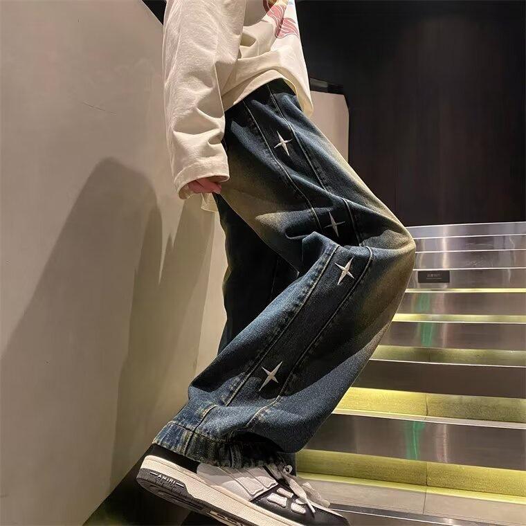 Men's 2024 Retro Distressed Wide-Leg Embroidered Jeans