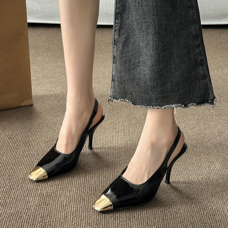

Черные профессиональные туфли на высоком каблуке женские летние новые модели 2025 года не надоели, тонкие каблуки, металлическая головка, неглубокий носок, сандалии с квадратной головкой 35