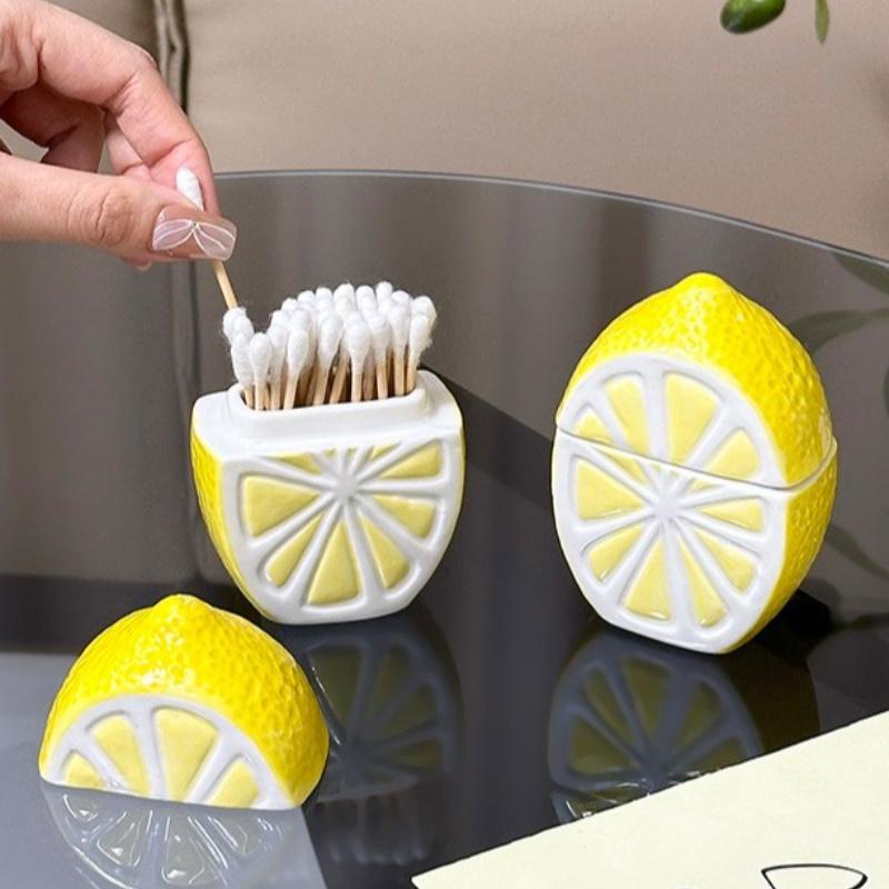 1pc Cute Lemon Bathroom Organizer - Ceramic Storage Jar with Lid Decorative Bathroom Countertop Organizer for Swabs Dental Floss 4880₽