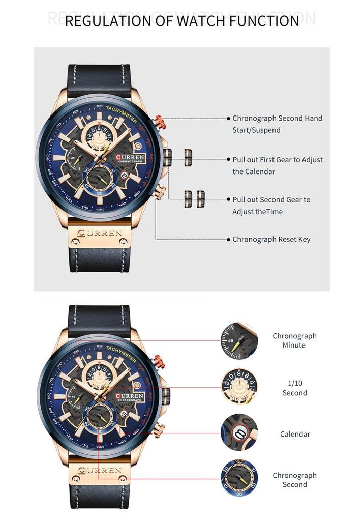 Curren 8380 Men's Waterproof Multifunctional Quartz Sports Watch with Leather Strap and Calendar