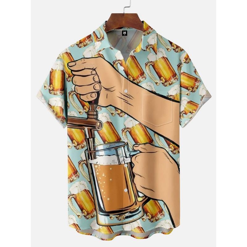 Camisas de Hombre Verano Hawaianas Casuales Tops de Playa Dibujos Animados Planeta Cohete Estampado Botones Manga Corta Talla Grande Camisa
