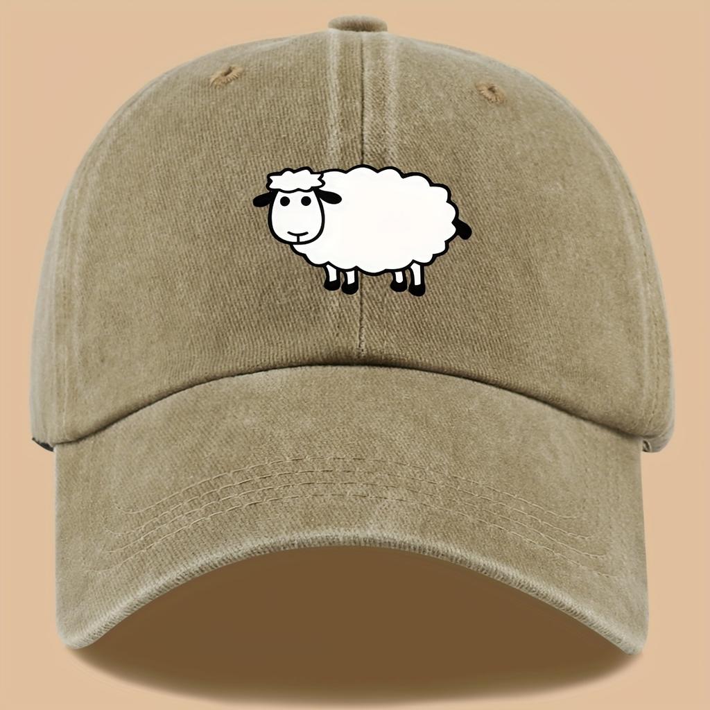 Lamb print truck cap with adjustable retro wash design suitable for outdoor activities, vacations, hiking, fishing