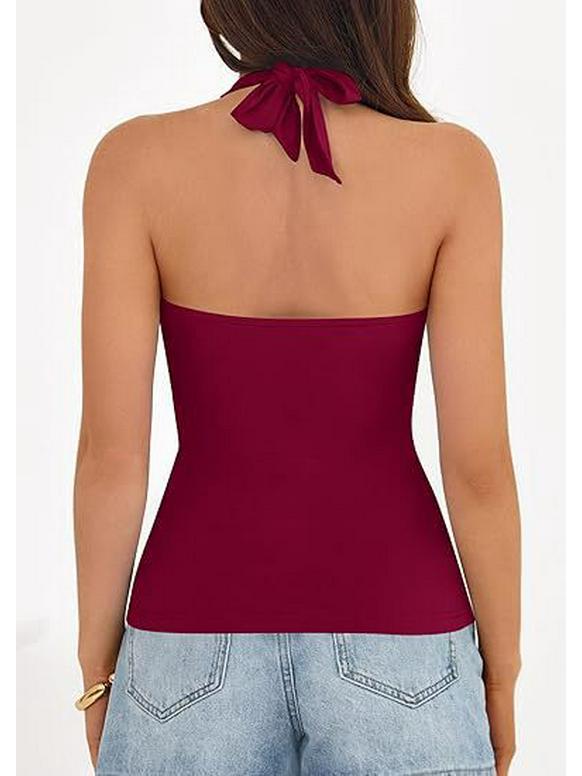 European & American Women's Sleeveless V-neck Halter Backless Top - Solid Color, Sexy Summer Style
