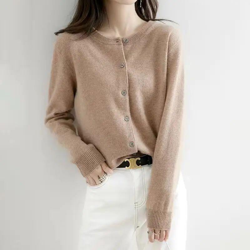 

round Neck Long Sleeve Sweater Cardigan round Neck Long Sleeve Sweater Cardigan khaki S