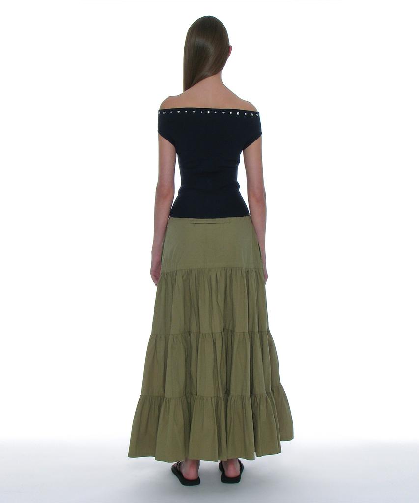 Partimento Woman Bow Strap Shirred Tiered Maxi Skirt_Khaki Green